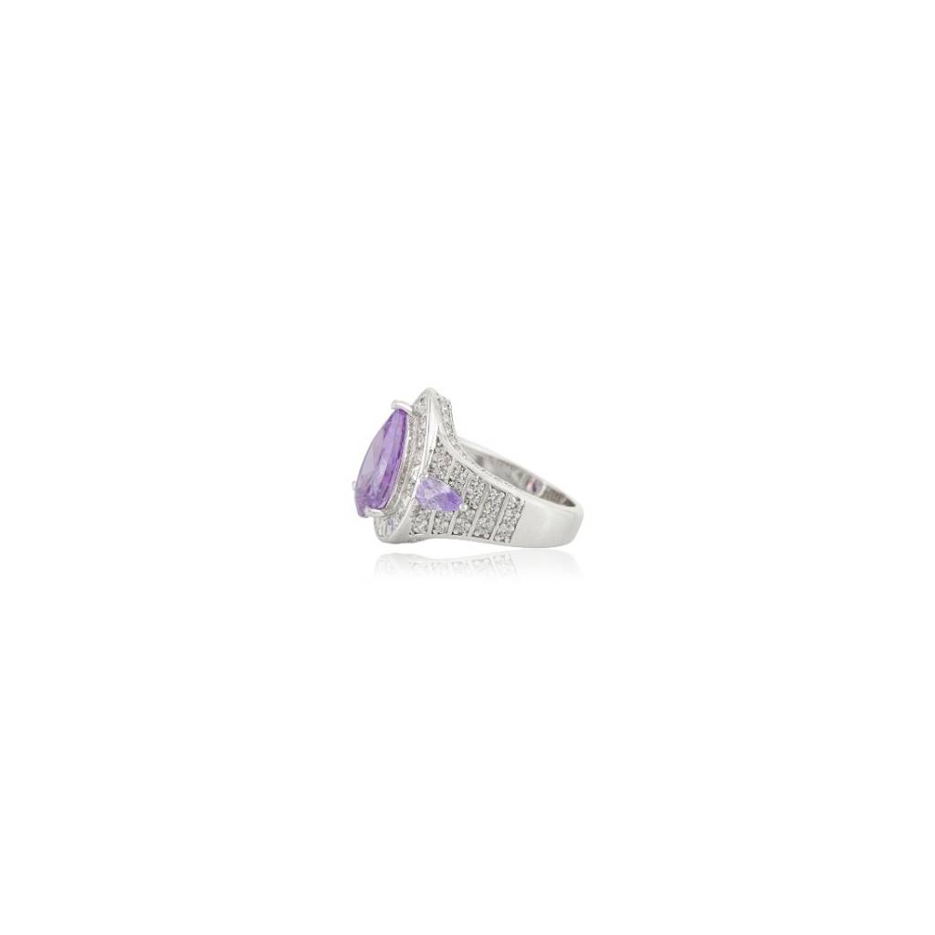 925 Silver Statement Ring In White Gold Finish With Pear Cut Purple Cz Diamond : LM184