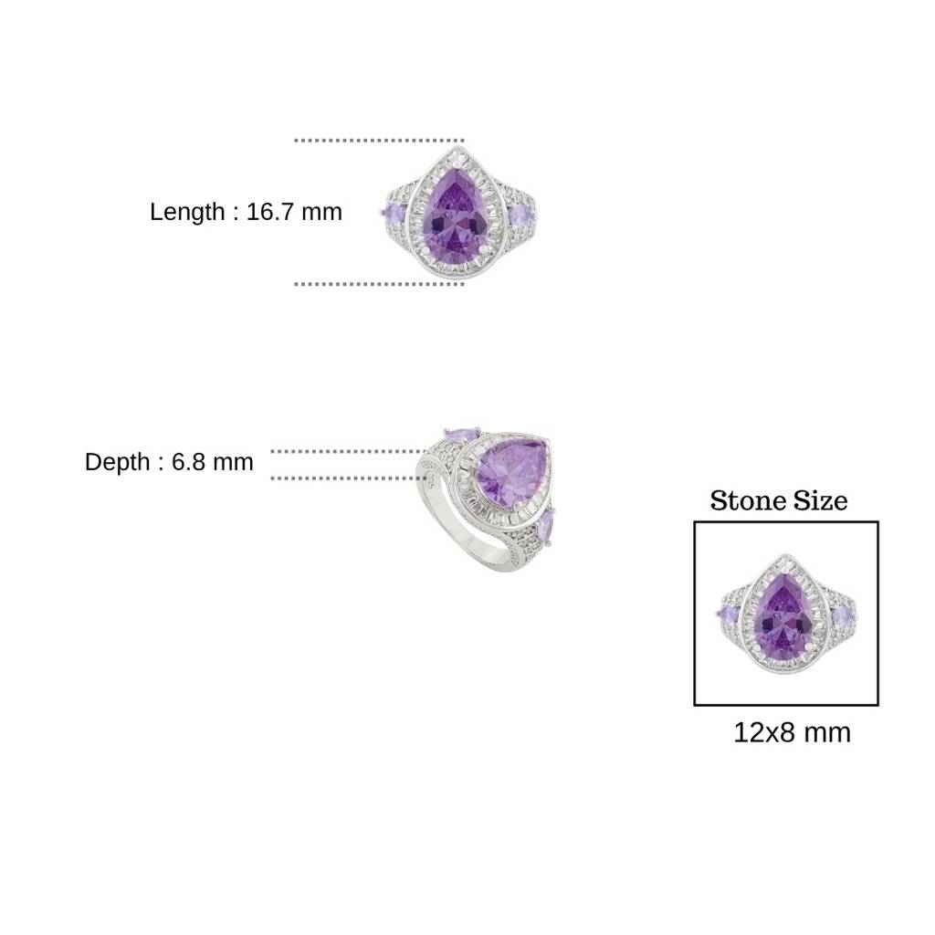 925 Silver Statement Ring In White Gold Finish With Pear Cut Purple Cz Diamond : LM184