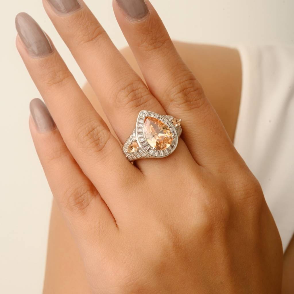 925 Silver Ring In White Gold Finish With Pear Cut Yellow & White Cz Diamonds : LM185
