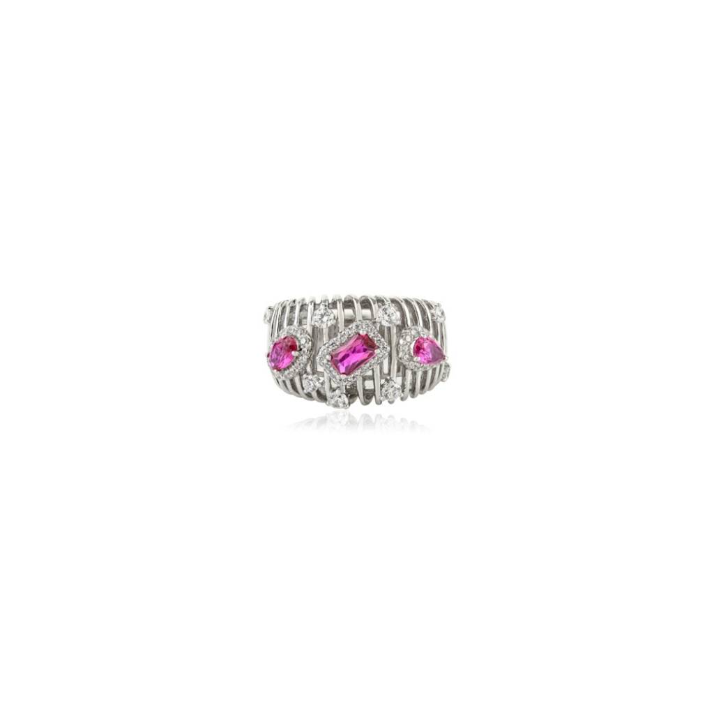 925 Silver Ring In White Gold Finish With Baguette Shaped Red Cz Diamonds : LM190