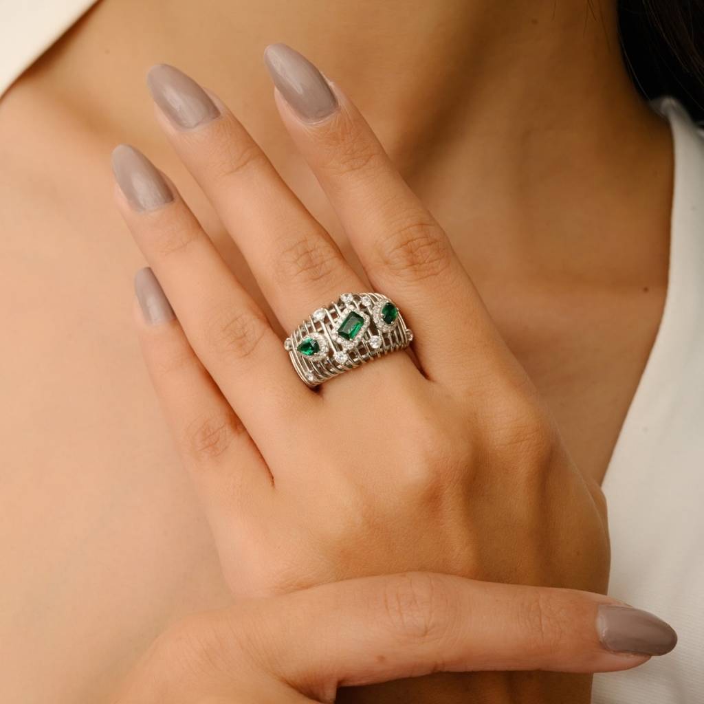 925 Silver Ring In White Gold Finish With Green Baguette Cut Cz Diamonds : LM191