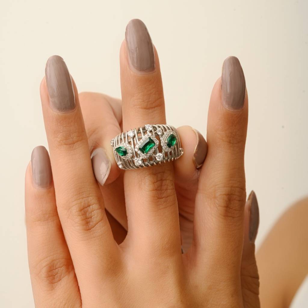 925 Silver Ring In White Gold Finish With Green Baguette Cut Cz Diamonds : LM191