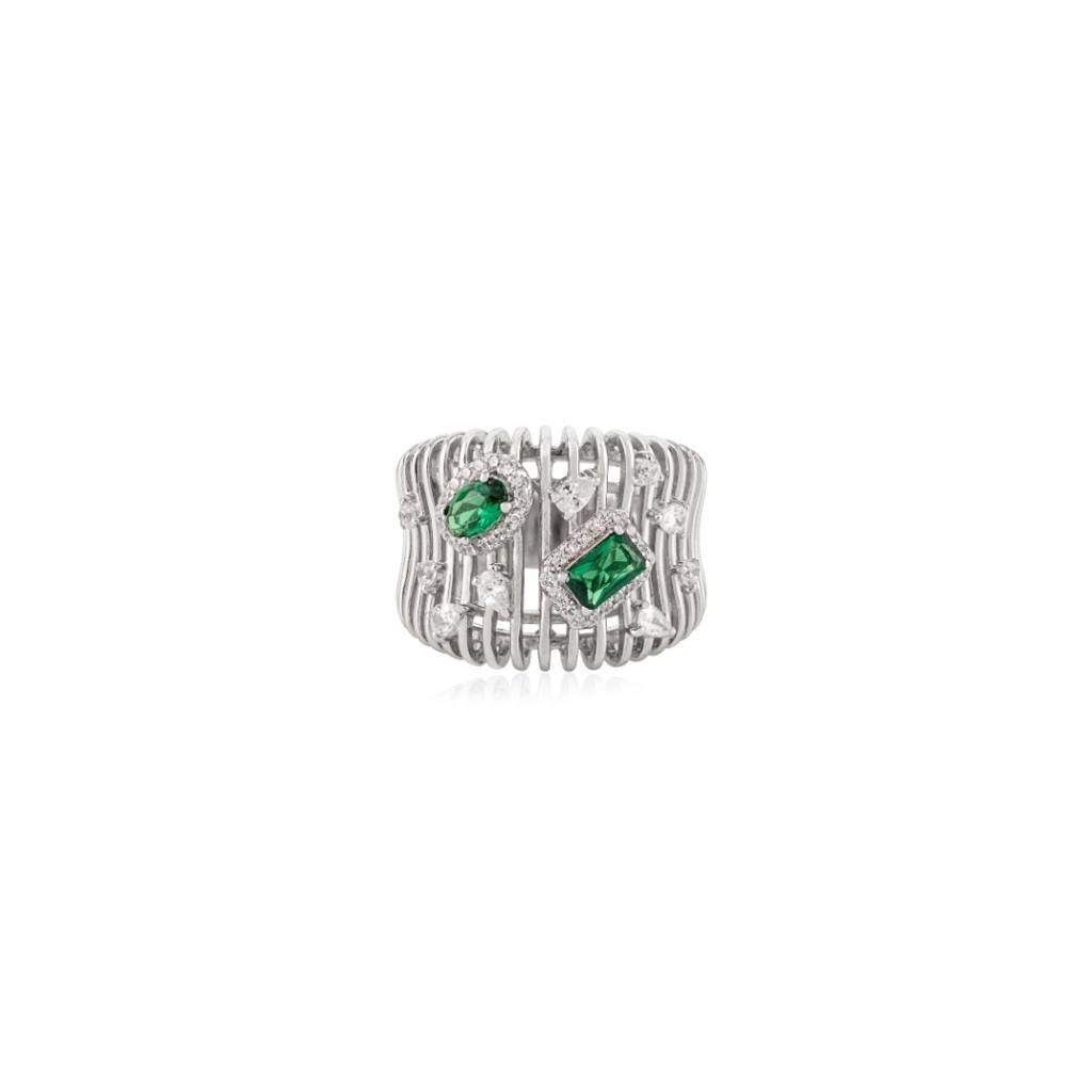 925 Silver Ring In White Gold Finish With Green Baguette Cut Cz Diamonds : LM191