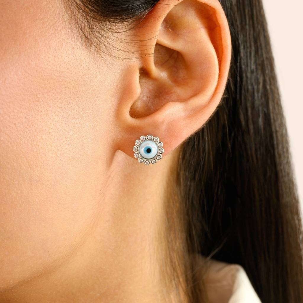 Evil Eye Stud Earrings - Spiritual Protection Silver Jewelry For Women : LM37