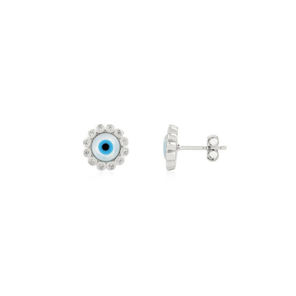 Evil Eye Stud Earrings - Spiritual Protection Silver Jewelry For Women : LM37