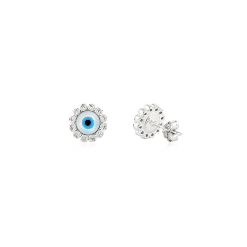 Evil Eye Stud Earrings - Spiritual Protection Silver Jewelry For Women : LM37