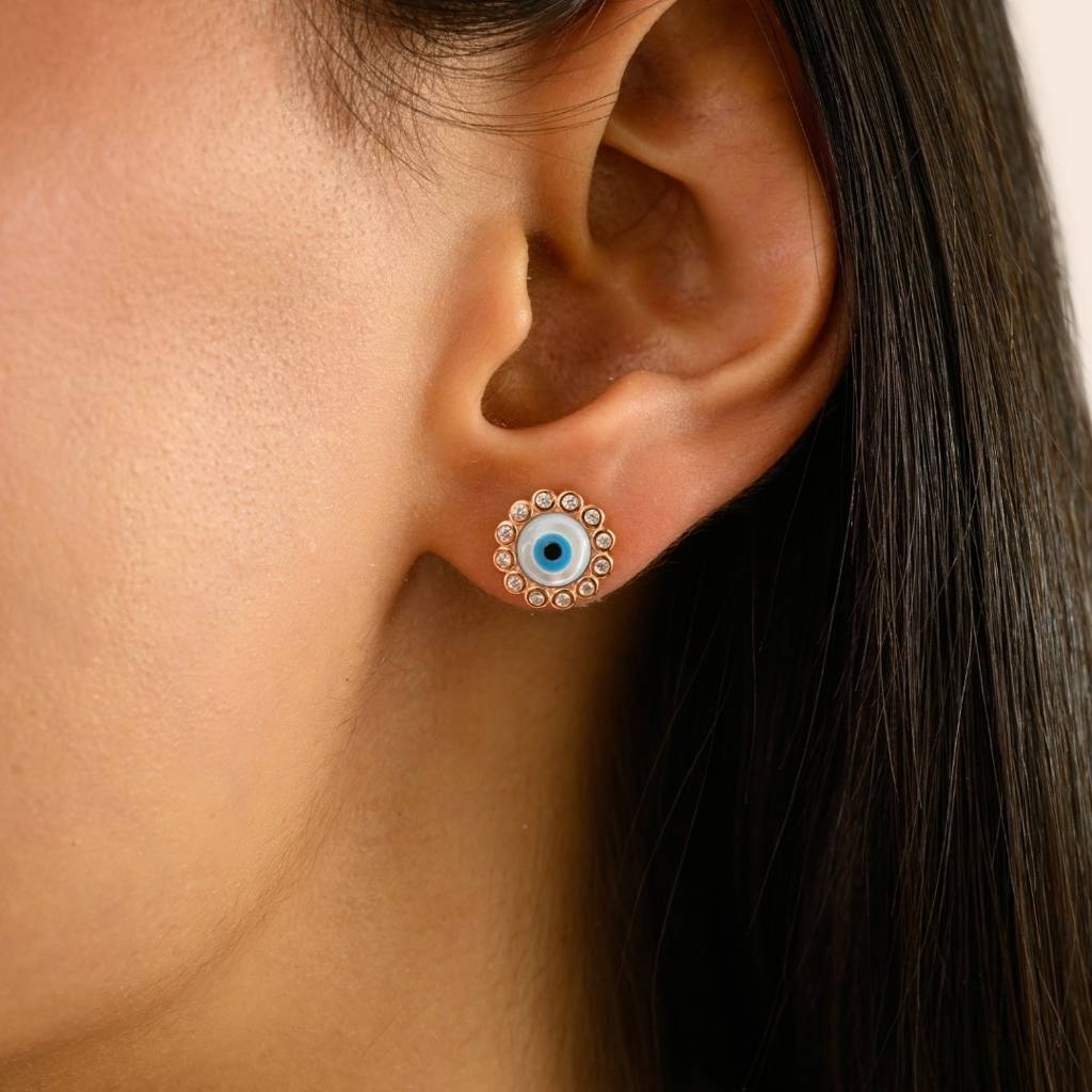 Evil Eye Stud Earrings - Spiritual Protection Silver Jewelry For Women : LM38