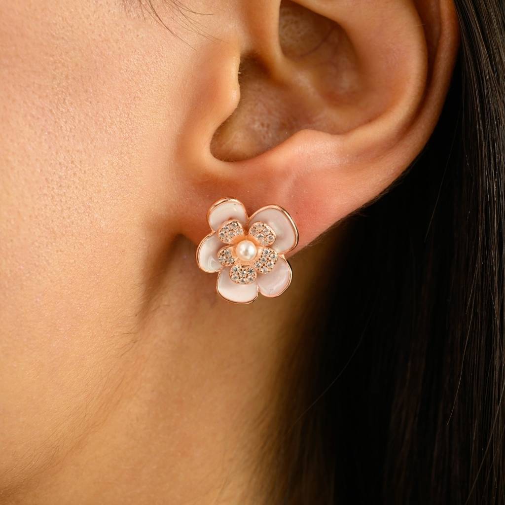 Rose Gold Plated Flower Stud Earrings In 925 Silver With Pearl & Cz Diamonds  Accents : LM58