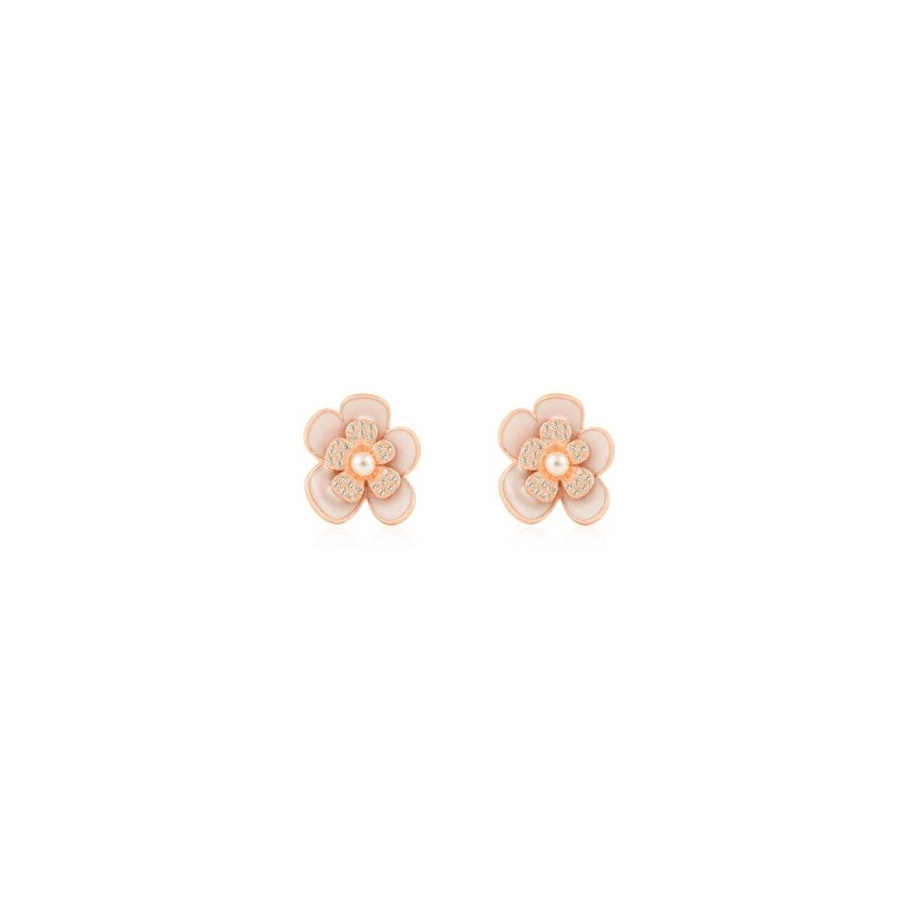 Rose Gold Plated Flower Stud Earrings In 925 Silver With Pearl & Cz Diamonds  Accents : LM58