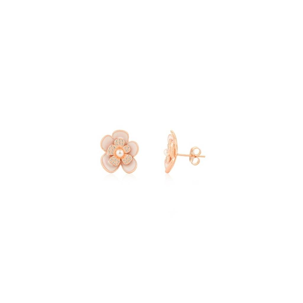 Rose Gold Plated Flower Stud Earrings In 925 Silver With Pearl & Cz Diamonds  Accents : LM58