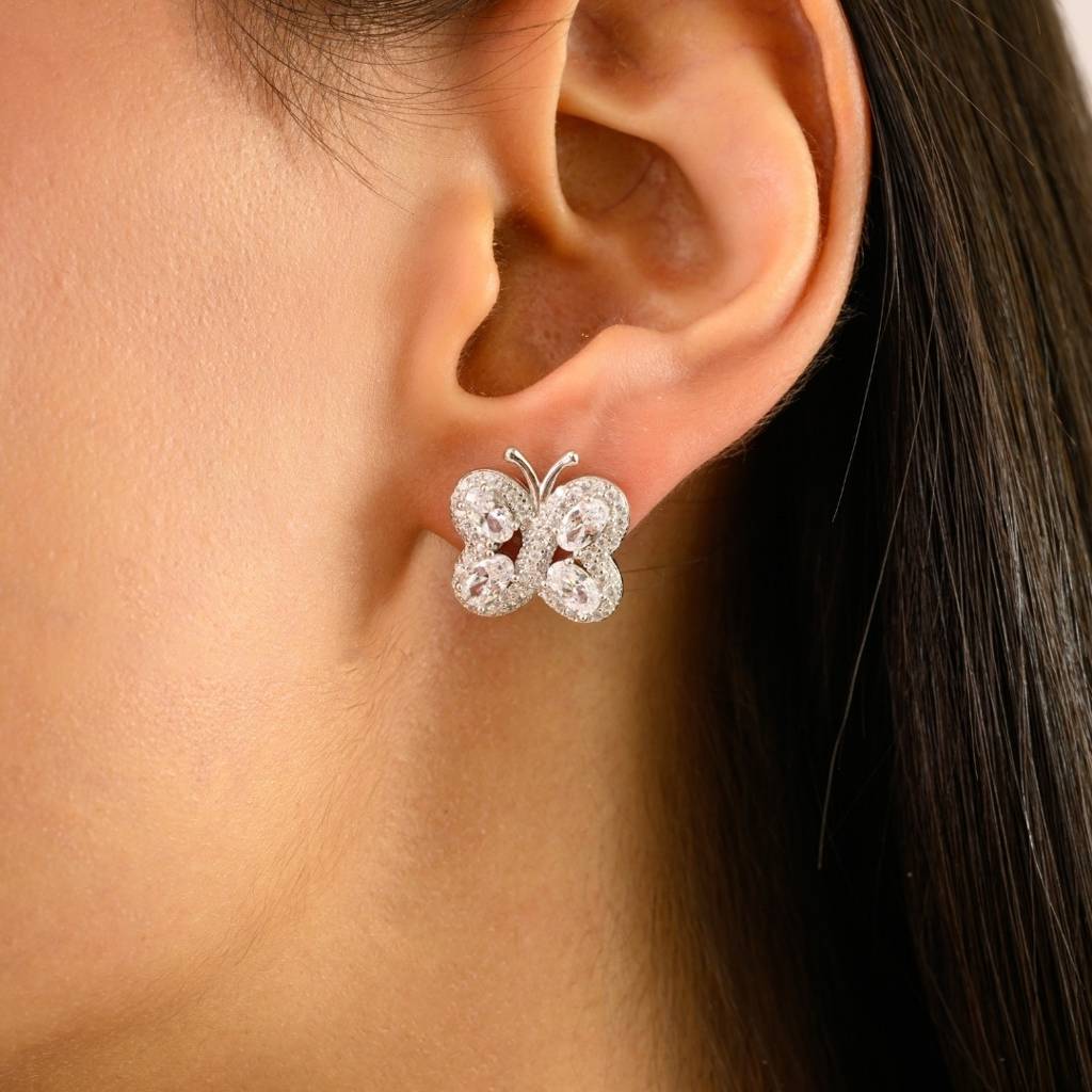 925 Silver White Gold Butterfly Stud Earrings With Cz Diamond Accents : LM66