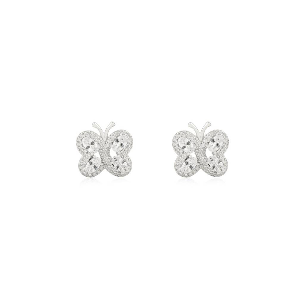 925 Silver White Gold Butterfly Stud Earrings With Cz Diamond Accents : LM66