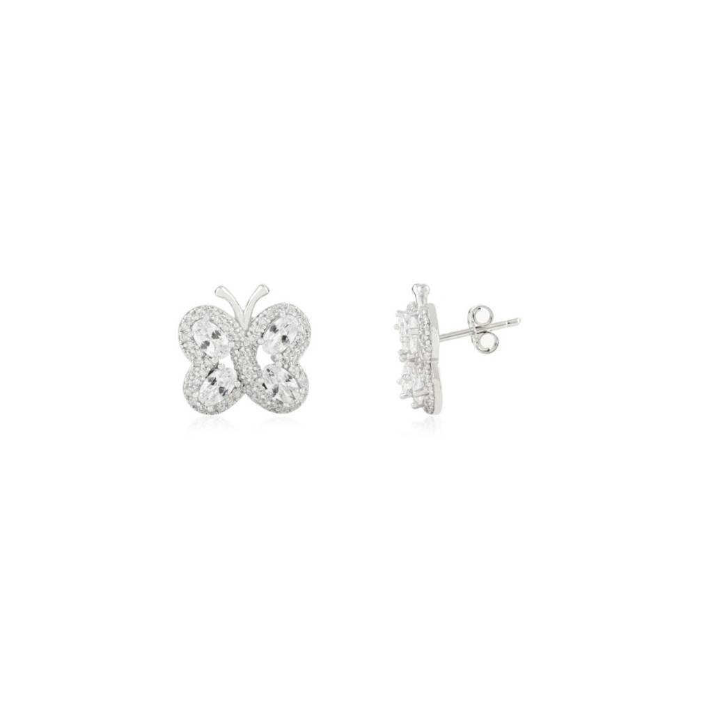 925 Silver White Gold Butterfly Stud Earrings With Cz Diamond Accents : LM66