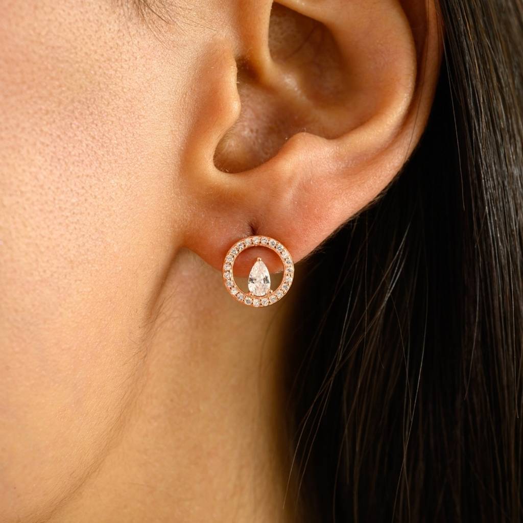 Rose Gold Cz Diamonds Trendy Circle Stud Earrings In 925 Silver : LM68