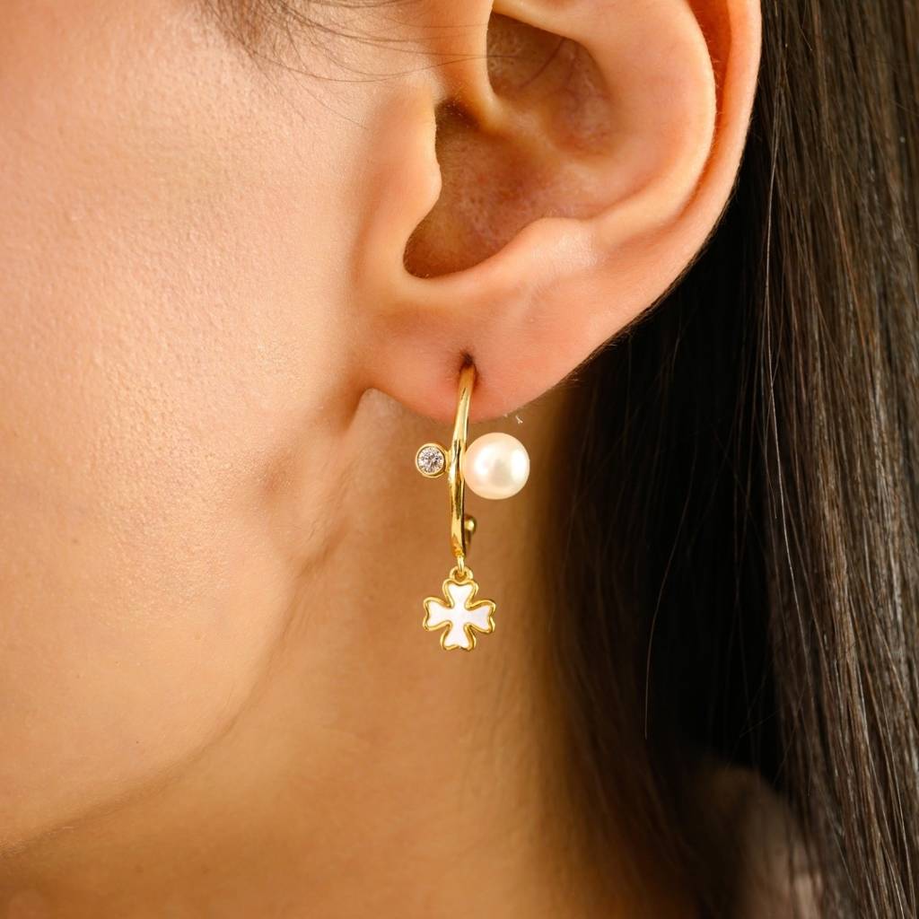 925 Silver Open Hoop Pearl Earrings With Dangling Flower Charm In Yellow Gold Finish : LM69