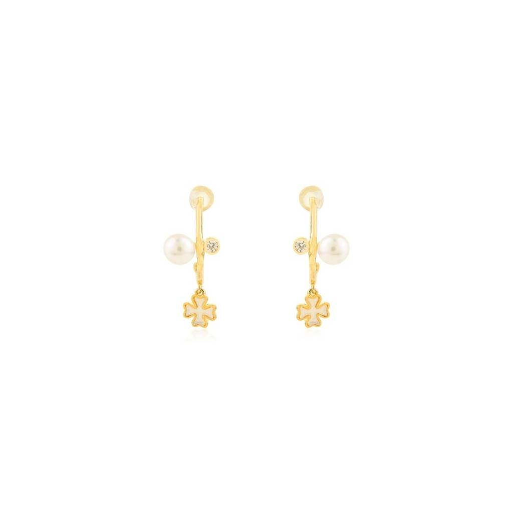 925 Silver Open Hoop Pearl Earrings With Dangling Flower Charm In Yellow Gold Finish : LM69