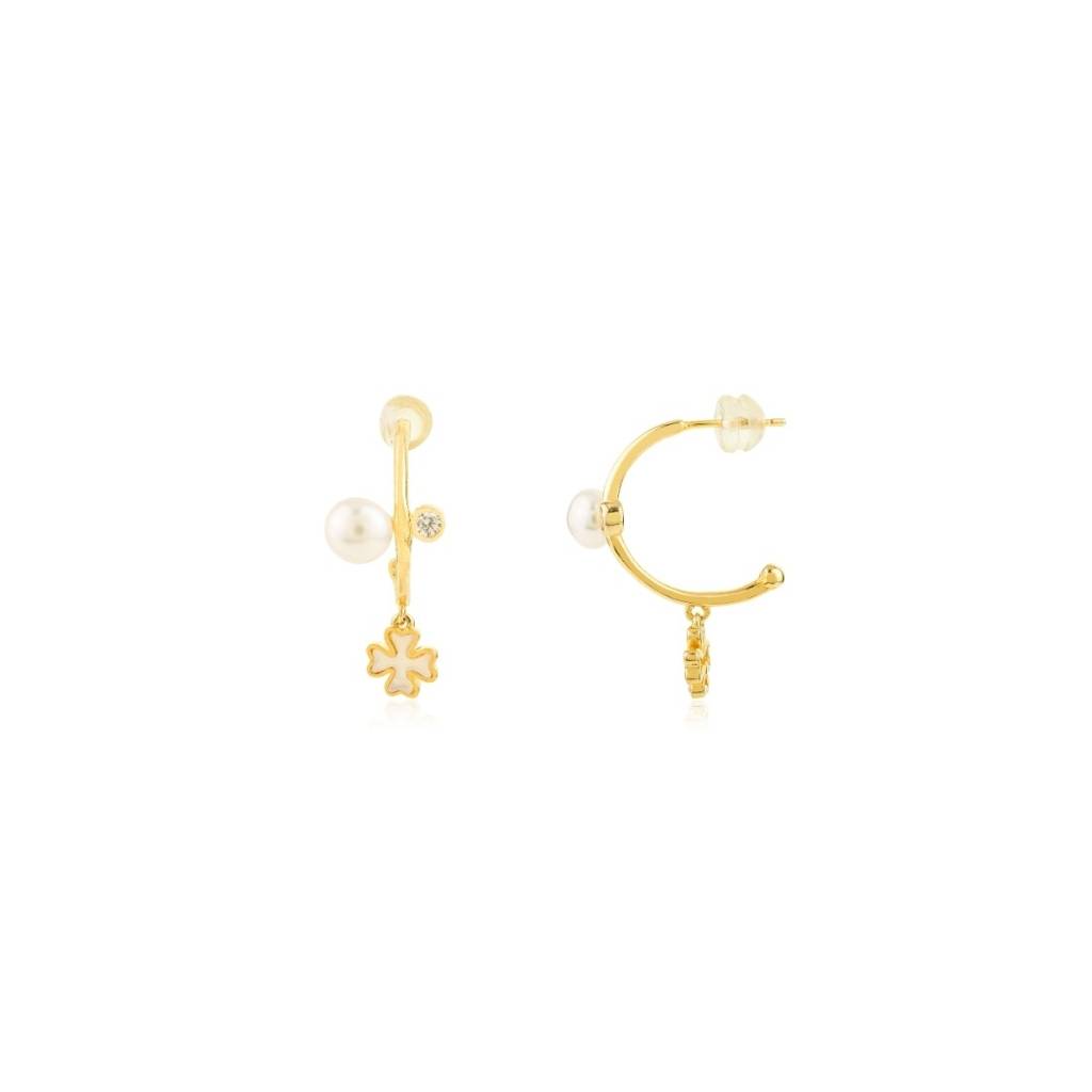 925 Silver Open Hoop Pearl Earrings With Dangling Flower Charm In Yellow Gold Finish : LM69