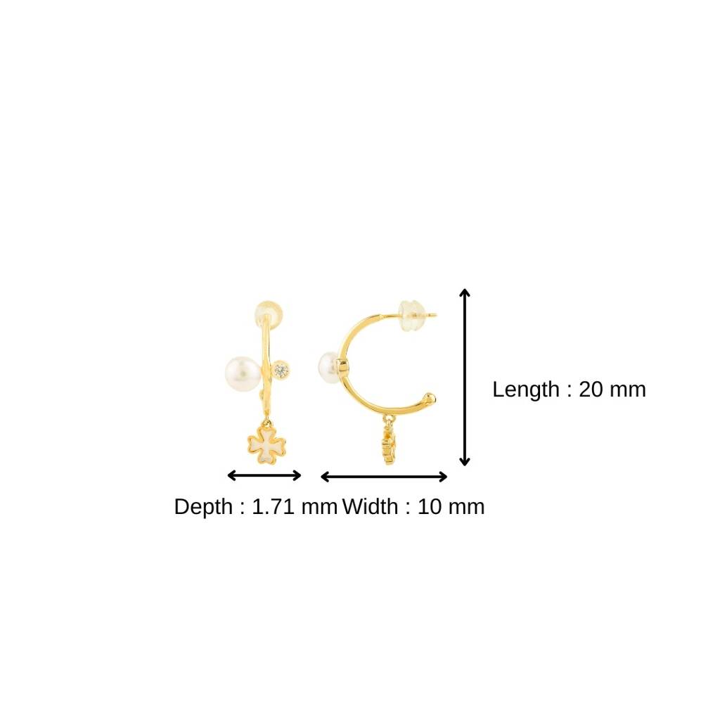 925 Silver Open Hoop Pearl Earrings With Dangling Flower Charm In Yellow Gold Finish : LM69