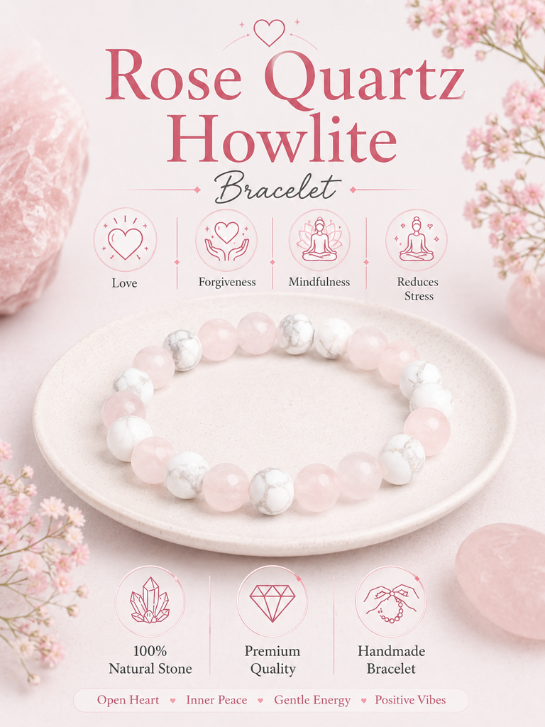 Rose Quartz Howlite Love Peace Bracelet : LAABL142-65-S