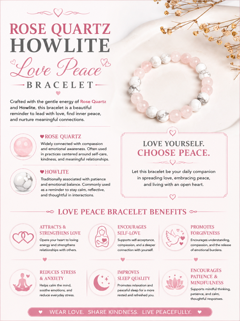 Rose Quartz Howlite Love Peace Bracelet : LAABL142-65-S