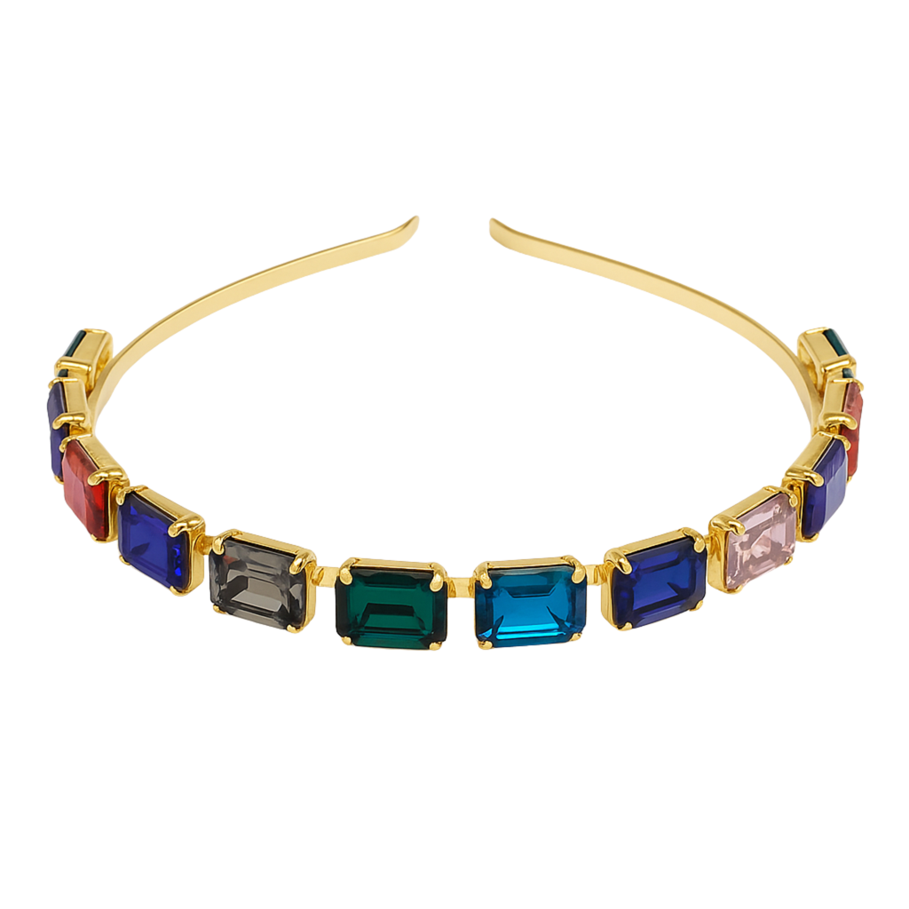 Gold Plated Multicolor Crystal Hairband For Women | Elegant Stone Studded Wedding Party Headband For Girls : M4SK-M1