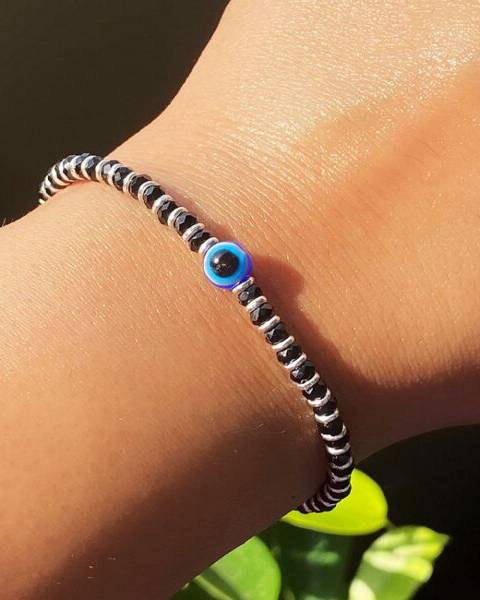 925 Pure Silver Nazariya Bracelets | Silver Evil Eye Beaded Bracelet (Pair Of 2) : BR1053