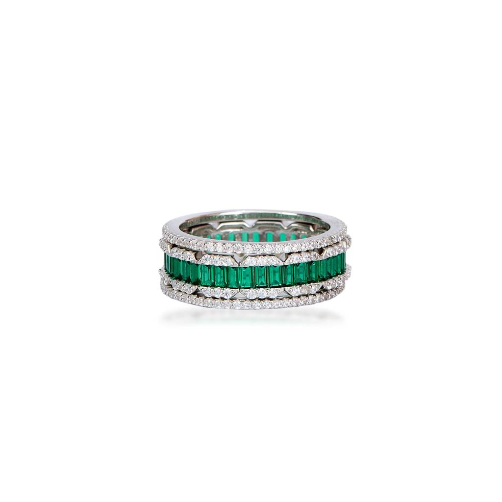 Cocktail Emerald And Diamond Stack Silver Ring : R066-WH-E-12