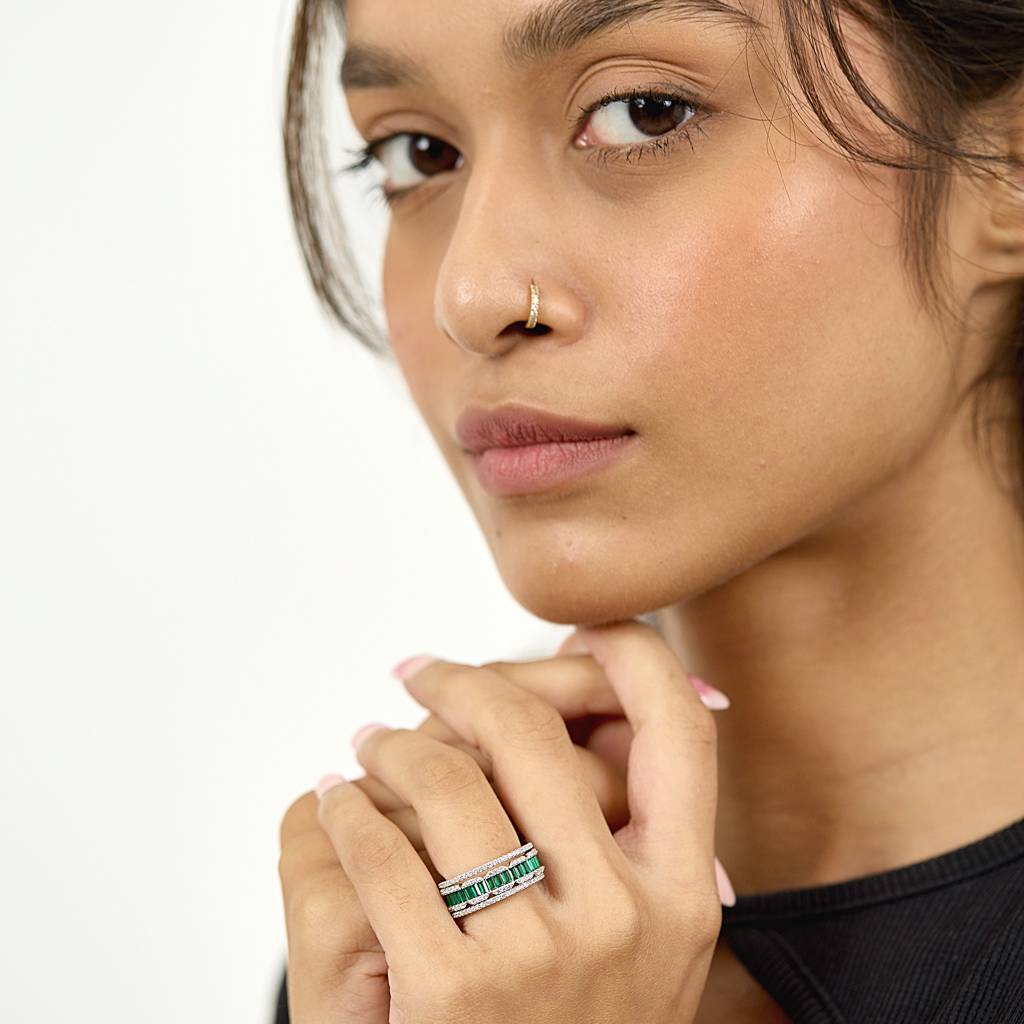 Cocktail Emerald And Diamond Stack Silver Ring : R066-WH-E-12