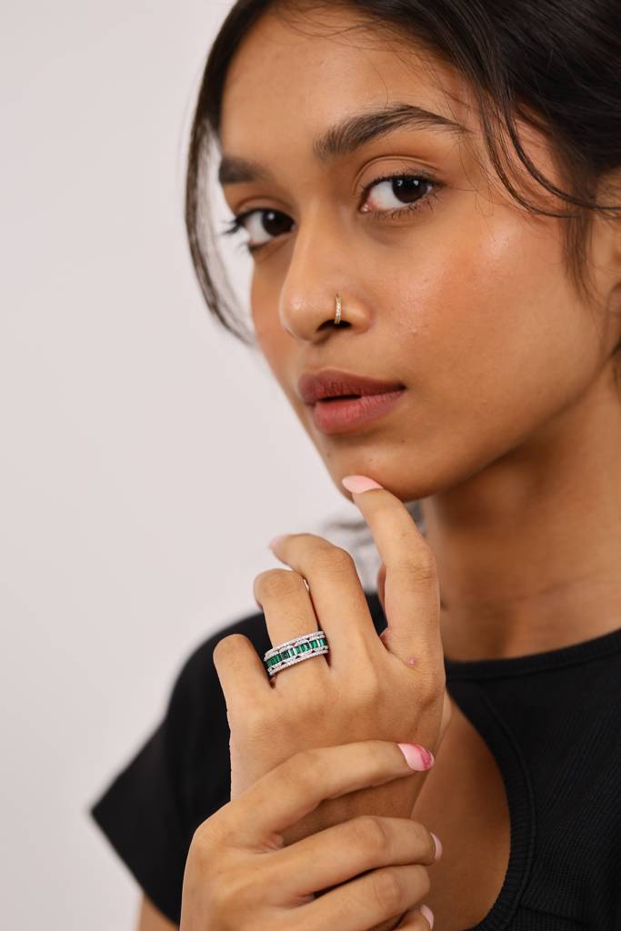 Cocktail Emerald And Diamond Stack Silver Ring : R066-WH-E-12