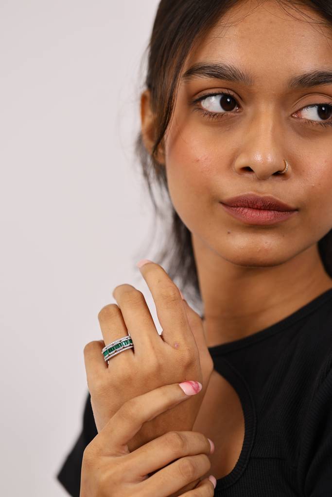 Cocktail Emerald And Diamond Stack Silver Ring : R066-WH-E-12
