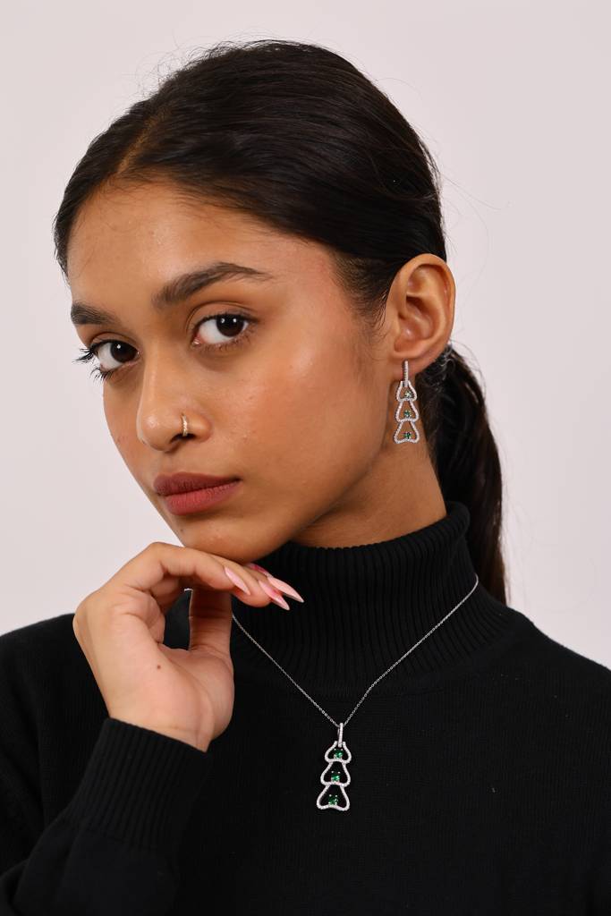 Mystic Emerald And Diamond Silver Pendant Set : PS016