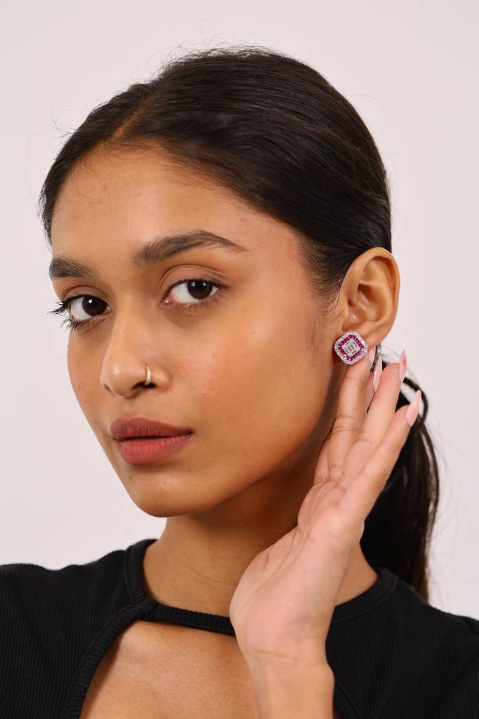 Imperial Ruby And Diamond Studs Silver Earrings : E058
