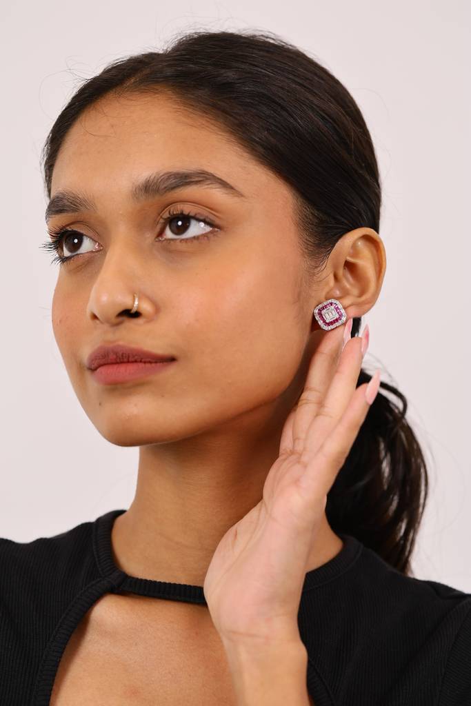 Imperial Ruby And Diamond Studs Silver Earrings : E058