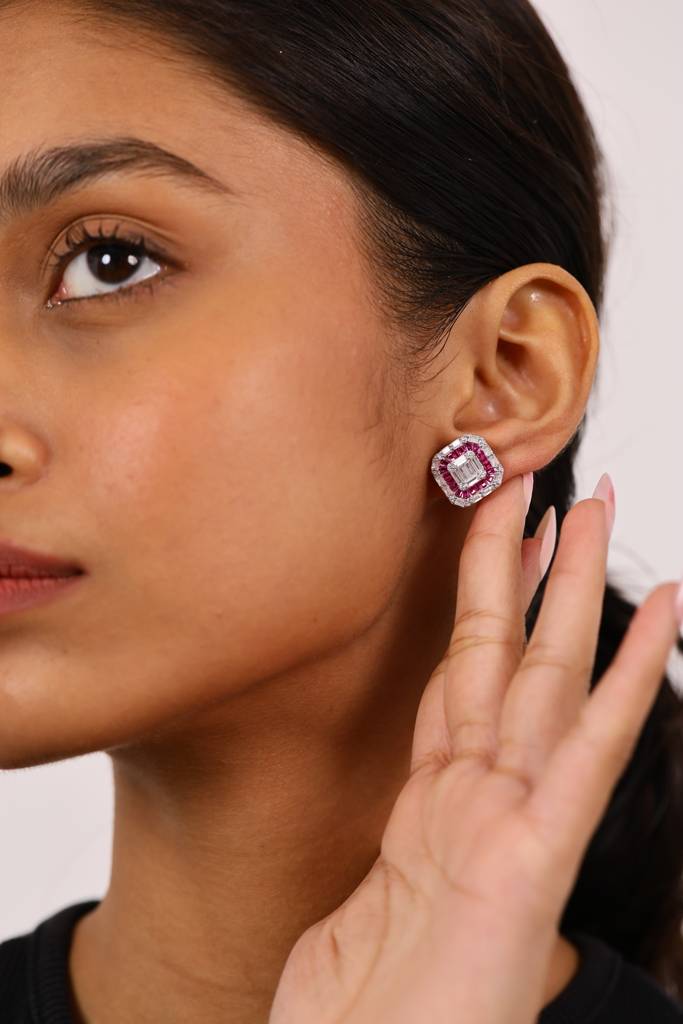 Imperial Ruby And Diamond Studs Silver Earrings : E058