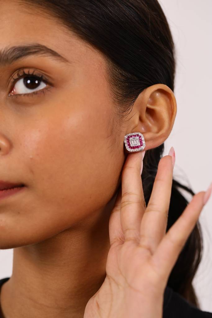 Imperial Ruby And Diamond Studs Silver Earrings : E058