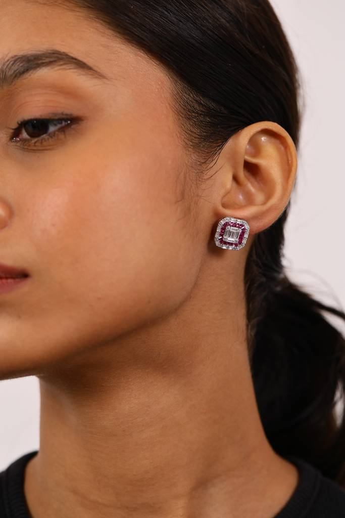Imperial Ruby And Diamond Studs Silver Earrings : E058