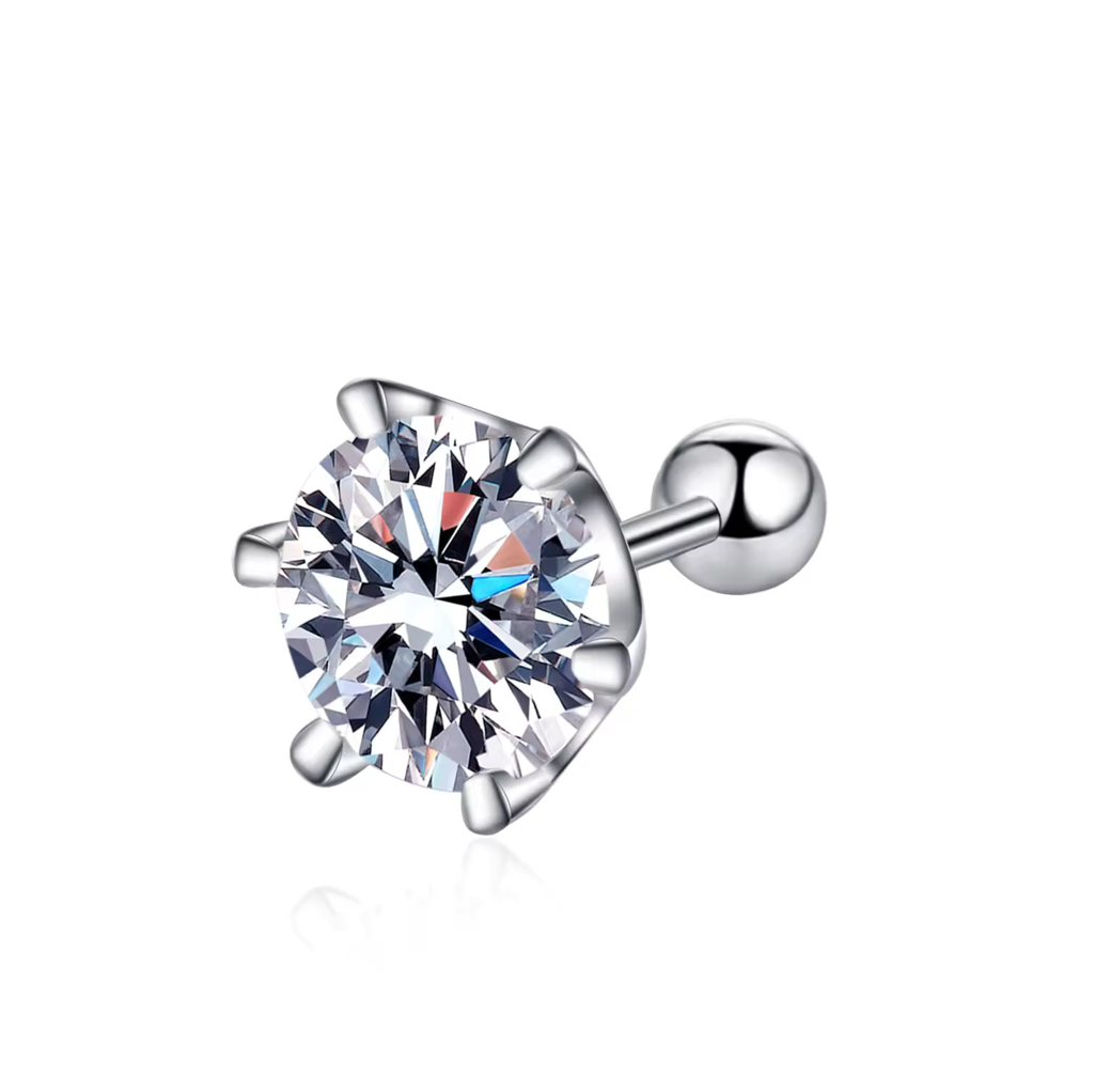 Single Piece Round Radiant Sterling Silver Moissanite Stud Earrings For Men : Round_ScrewBack_0.5ct_Men