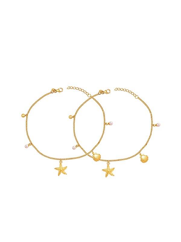 Ocean Whispers Gold-Plated Starfish & Seashell Charm Anklet : MAN247302S10HIM1FG