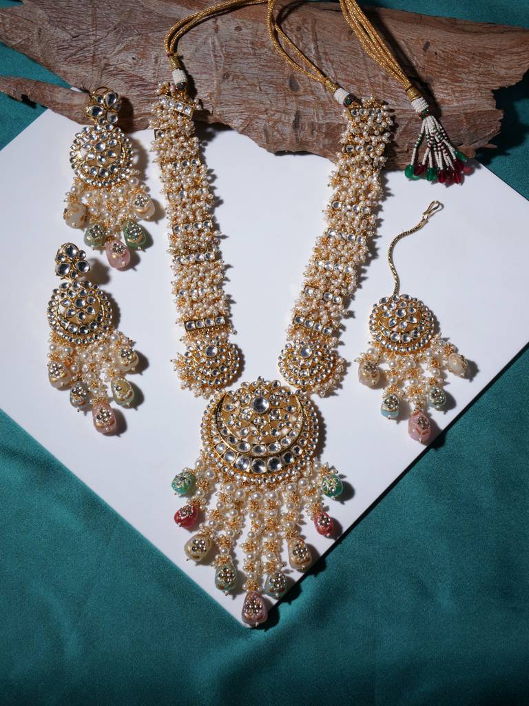 Long Kundan Neckpiece With Earrings & Maang Tikka With Multi Stones : RRA23-6