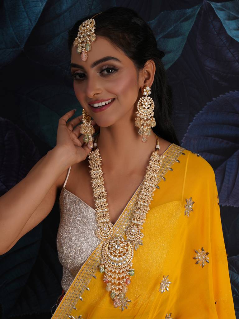 Long Kundan Neckpiece With Earrings & Maang Tikka With Multi Stones : RRA23-6