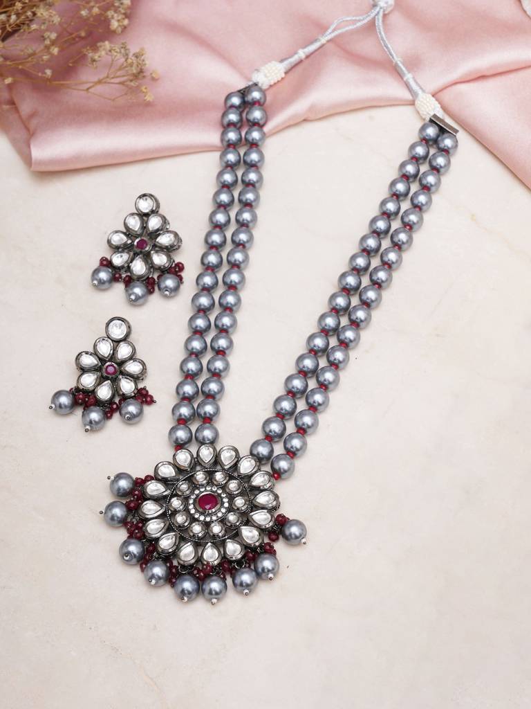 Long Kundan Neckpiece With Earrings With Multi Stones : RRA23-16