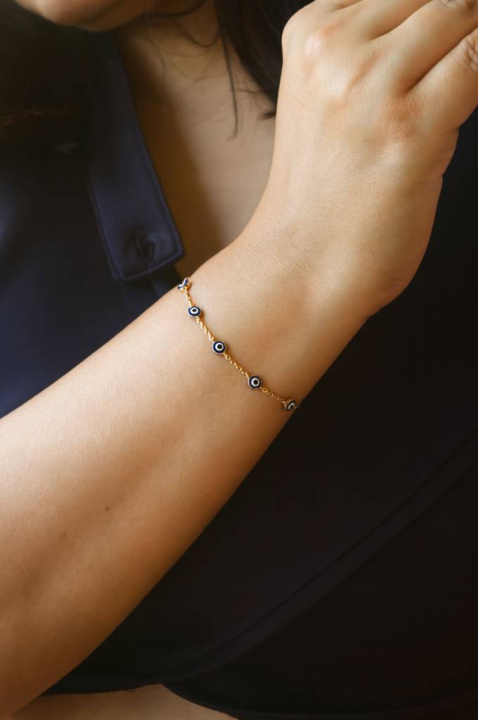 Stationed Protection Evil Eye Rose Gold Plated Sterling Silver Chain Bracelet : MCRBC887D2392