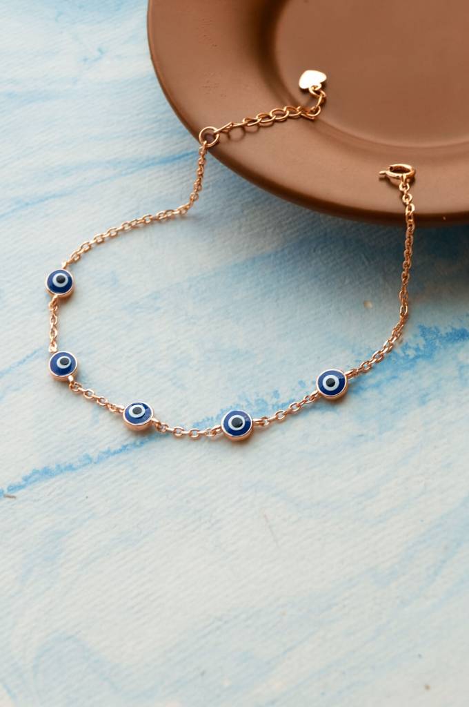Stationed Protection Evil Eye Rose Gold Plated Sterling Silver Chain Bracelet : MCRBC887D2392