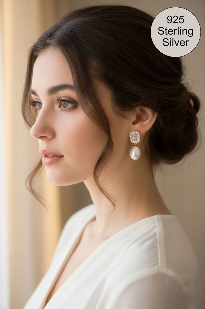 Geometric Pearl Drop Rose Gold Plated Sterling Silver Earrings : MCREG960D2386