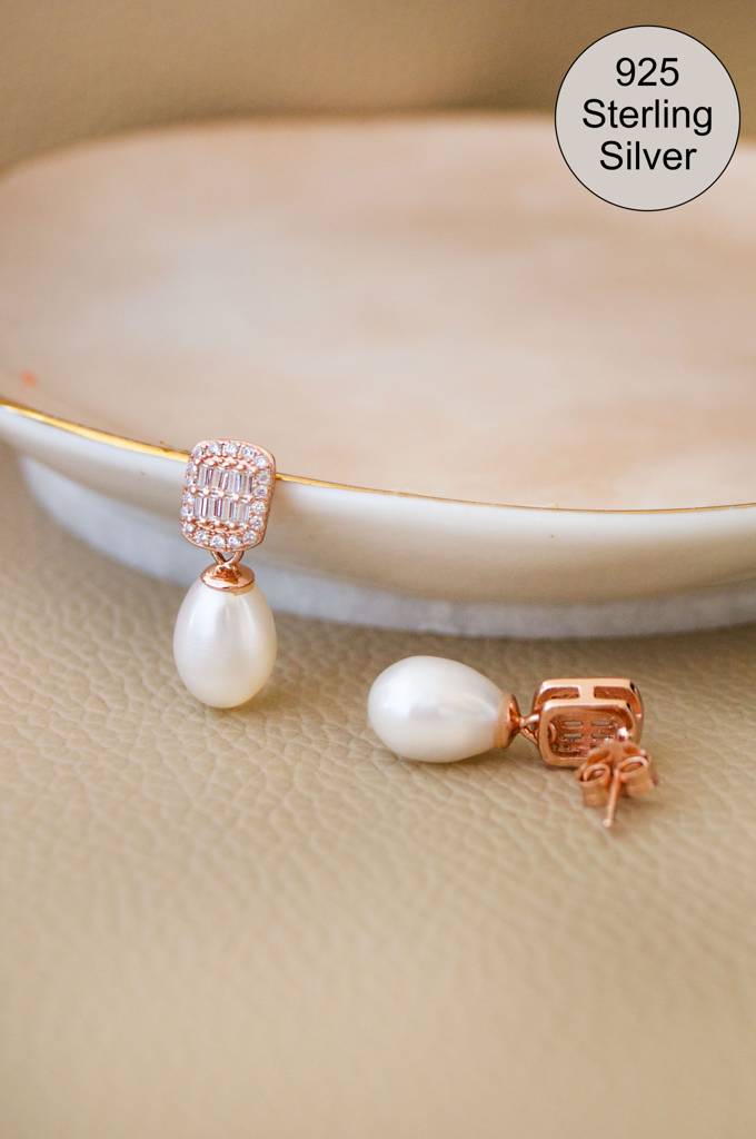 Geometric Pearl Drop Rose Gold Plated Sterling Silver Earrings : MCREG960D2386