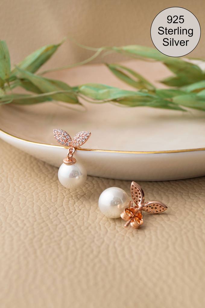 Petal & Pearl Drop Rose Gold Plated Sterling Silver Earrings : MCREG962D2388