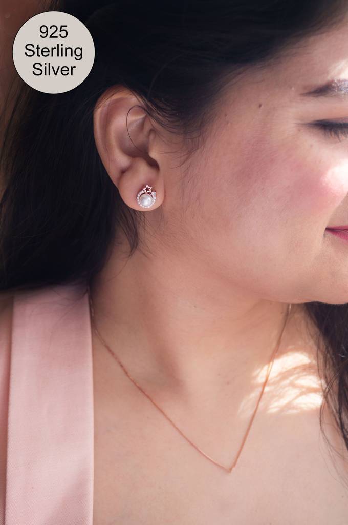 Blinging Star Pearl Rose Gold Plated Sterling Silver Drop Earrings : MCRES805D1892