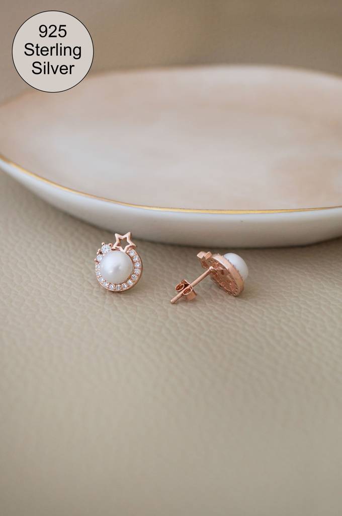 Blinging Star Pearl Rose Gold Plated Sterling Silver Drop Earrings : MCRES805D1892