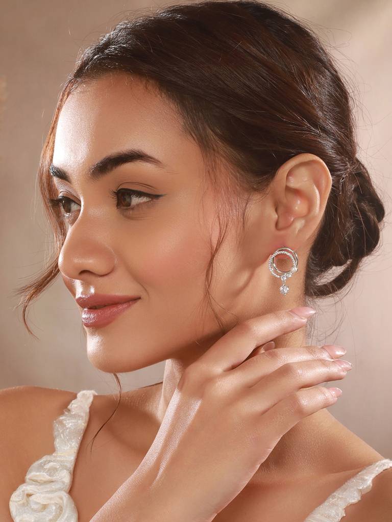 Silver Toned Ad Studded  Hoop Drop Earrings : STER8197