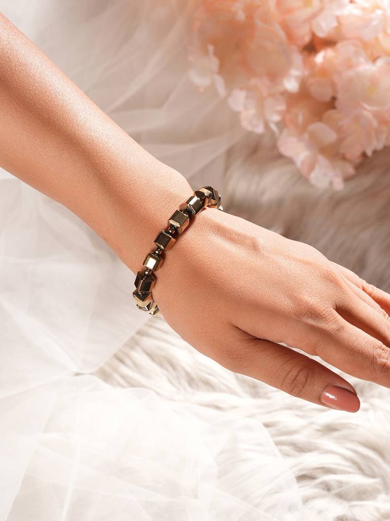 Natural Coated Pyrite Brass Energy Bracelet With Round Cube Beads : STBR8205